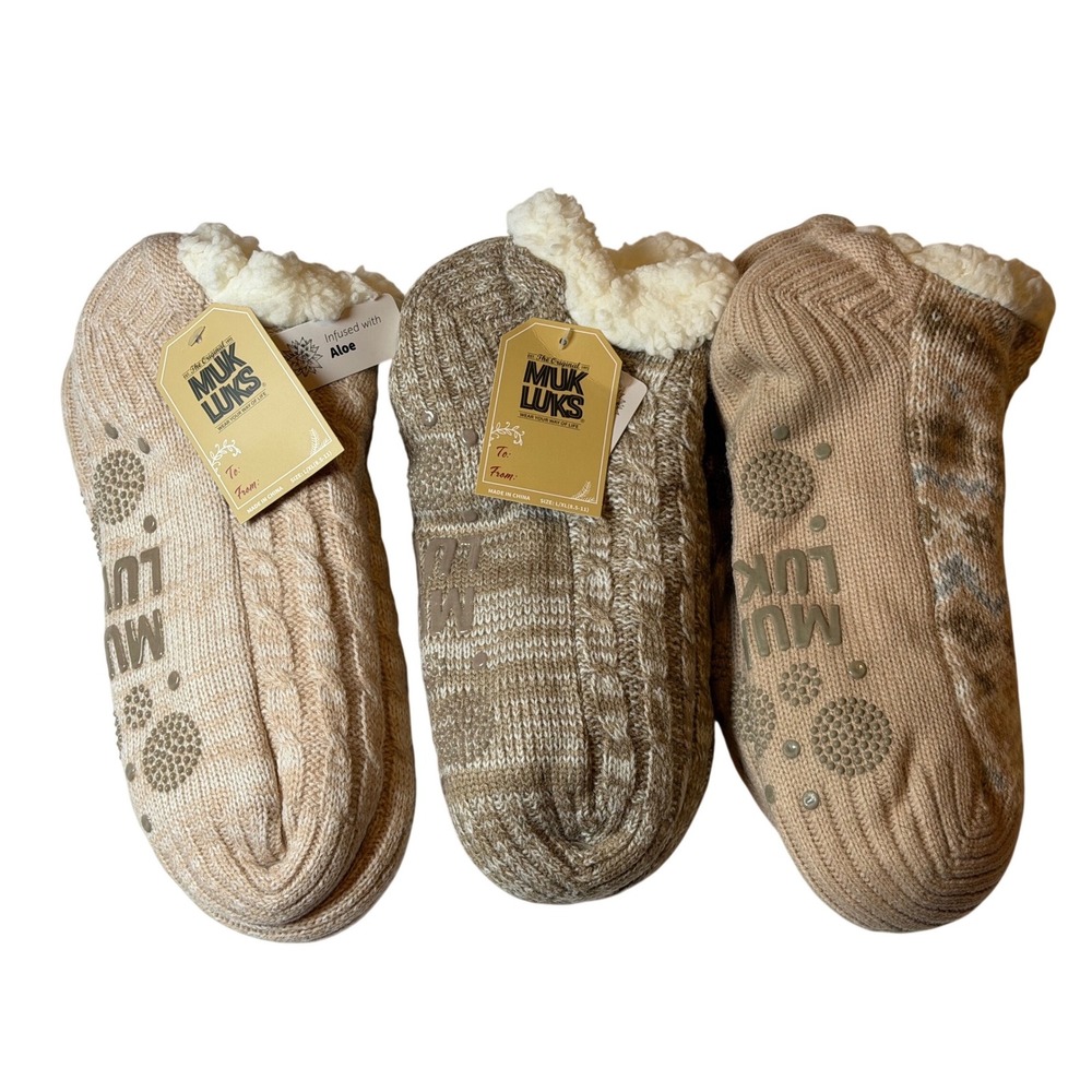 Muk Luks Slipper Socks Set 3 Aloe Infused Cabin Shortie Tan Brown L/XL Women